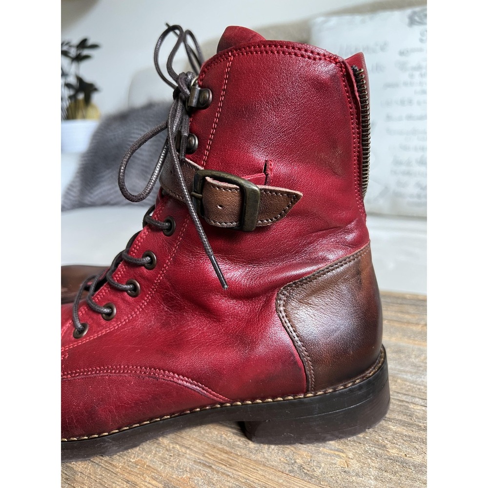 Jafa Boots Womens Size 41 10 Red Brown Leather Combat Ankle Buckle Zip Lace Up - Picture 3 of 13